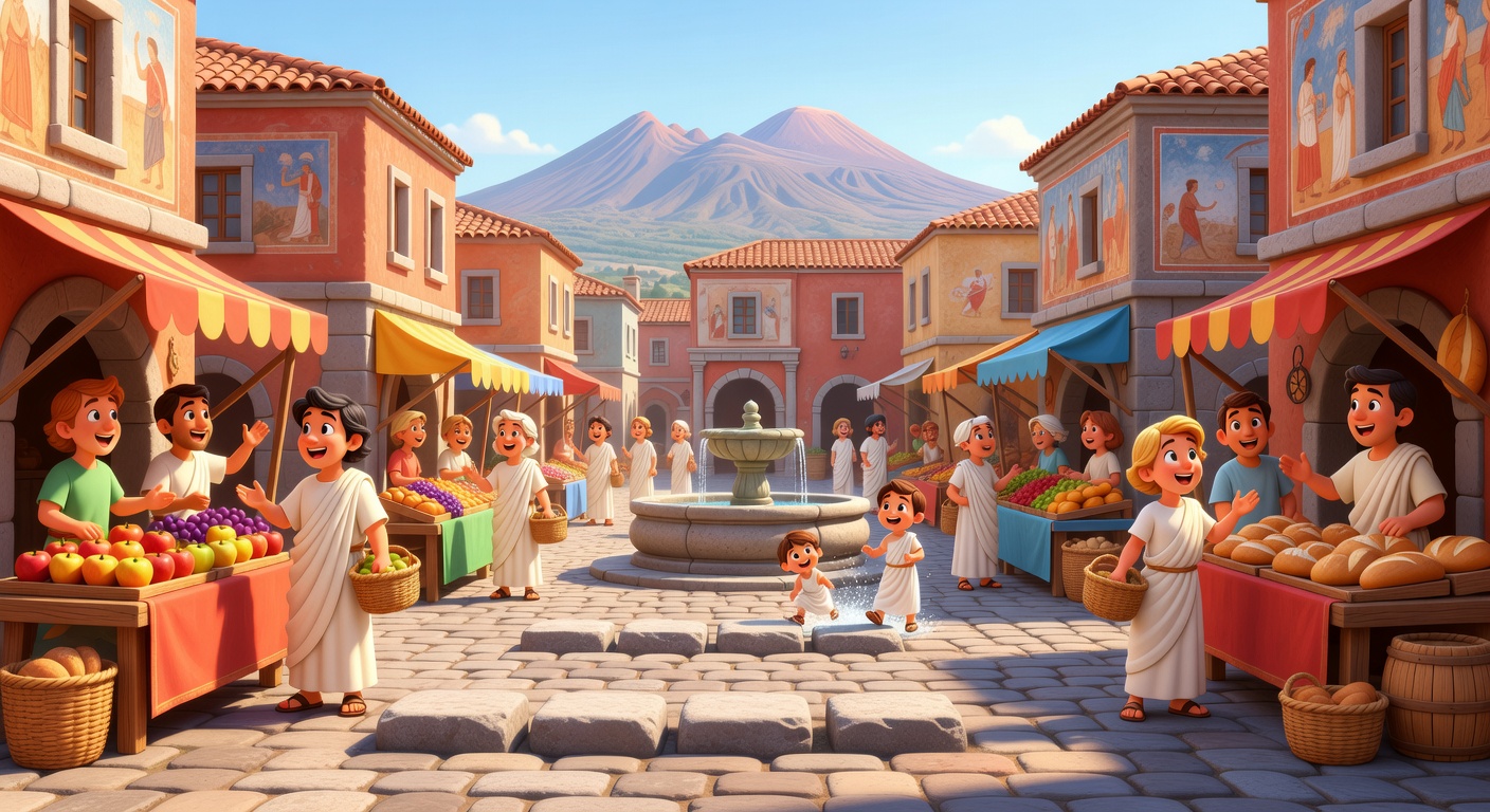 Pixar-style illustration of a bustling ancient Roman street in Pompeii with colorful market stalls, stepping stones across the road, and Roman citizens shopping.