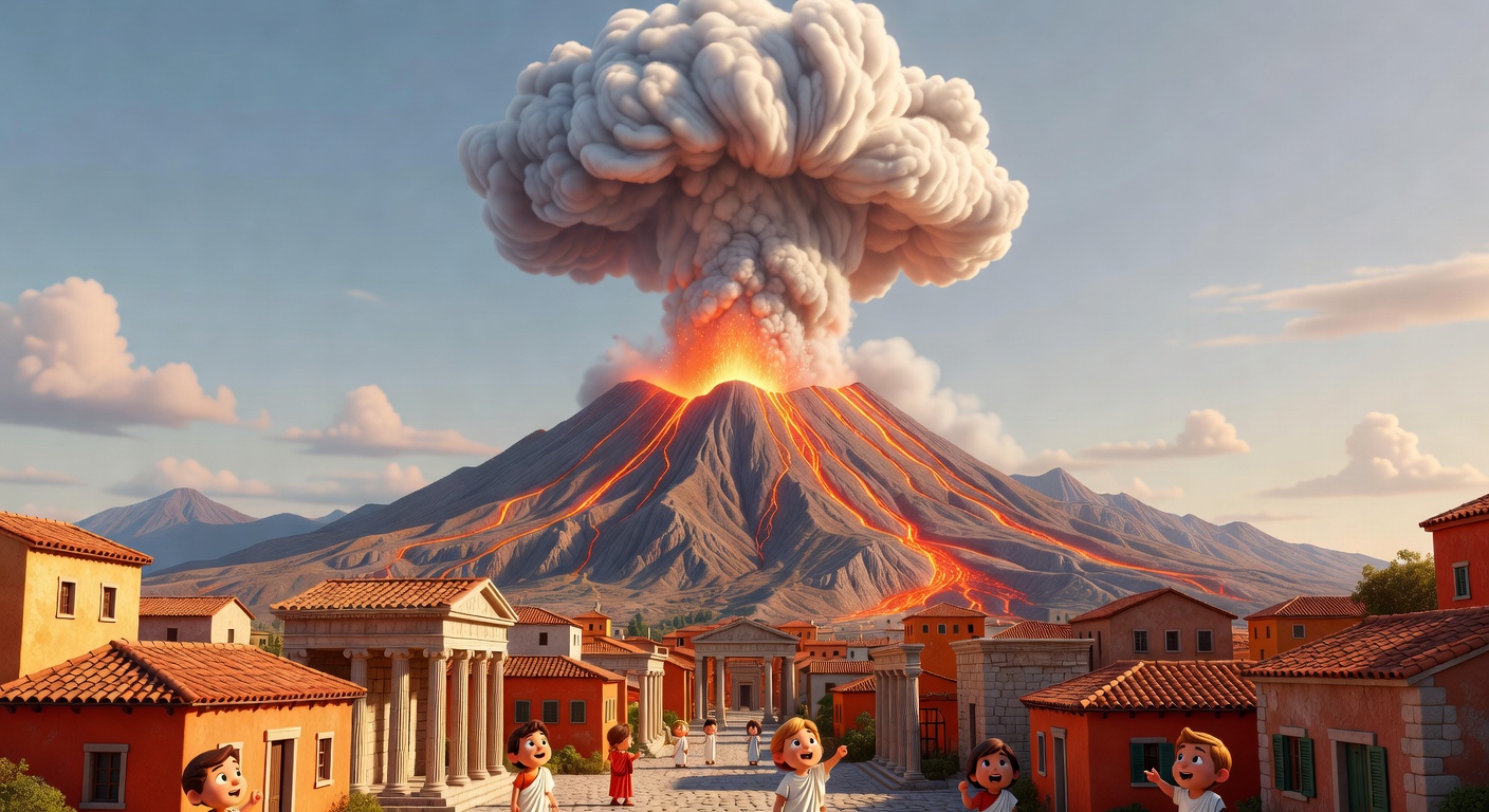 Pixar-style illustration of Mount Vesuvius erupting with a massive ash cloud towering over the ancient Roman city of Pompeii below.