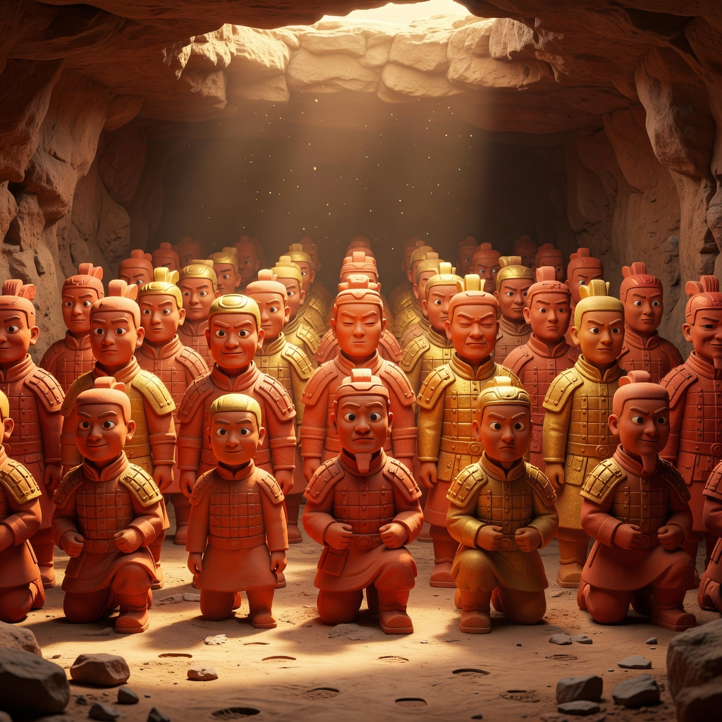 Pixar-style illustration of rows of terracotta warrior statues underground in an archaeological pit, each with unique faces and armor.