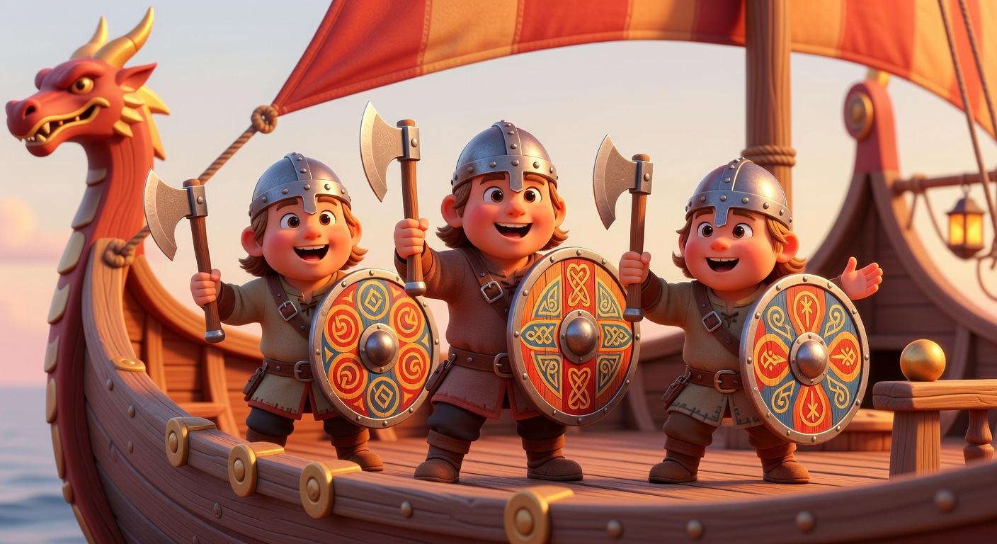 Pixar-style illustration of friendly Viking warriors with axes and round shields standing on a longship, ready for adventure.