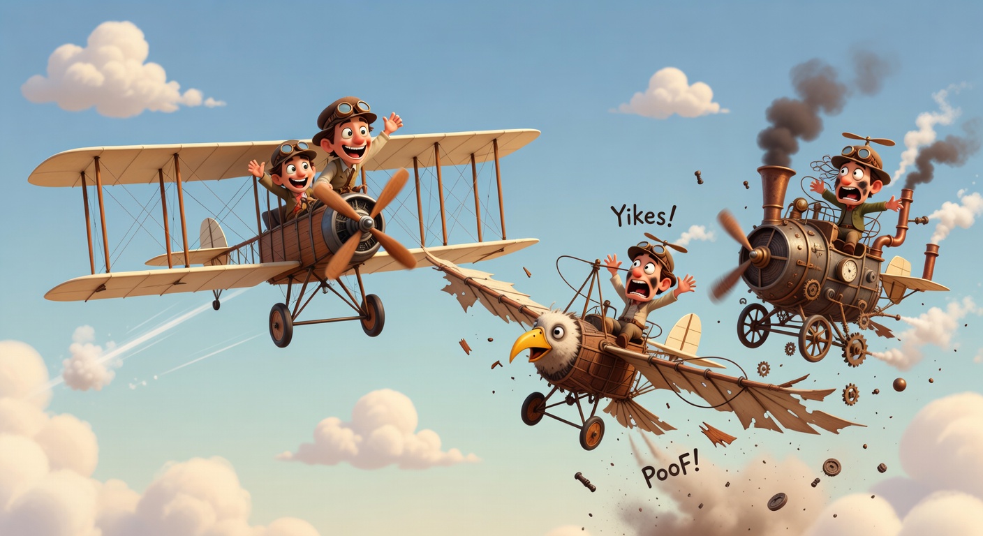 Pixar-style illustration comparing the Wright Flyer successfully flying alongside failed flying machine attempts crashing comically.