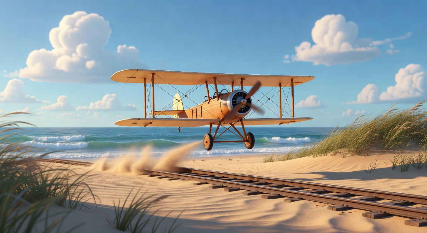 Pixar-style illustration of the Wright Flyer launching from a wooden rail on sandy Kitty Hawk dunes with ocean breezes blowing.