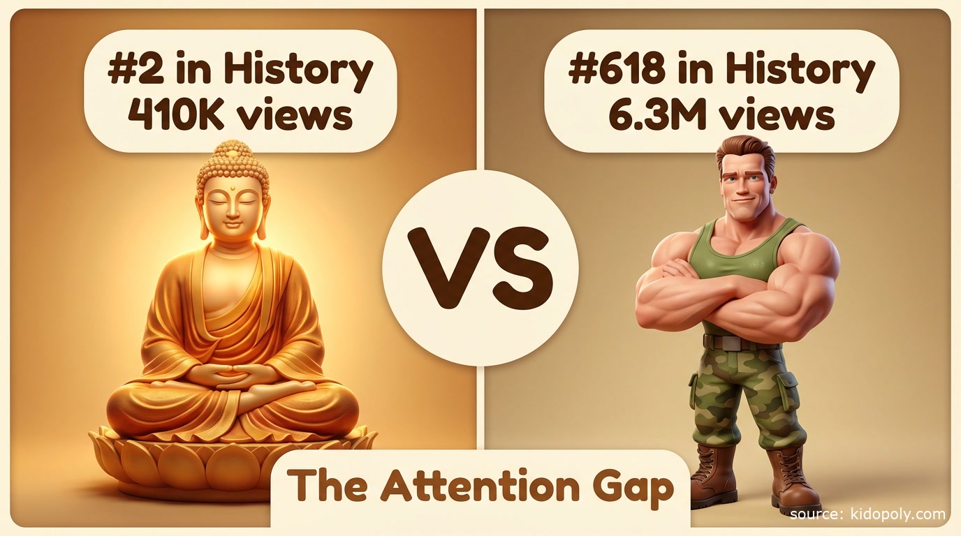 Infographic comparing Buddha (#2 in historical importance with 410K Wikipedia views) versus Arnold Schwarzenegger (#618 in importance with 6.3M views) - illustrating the Attention Gap