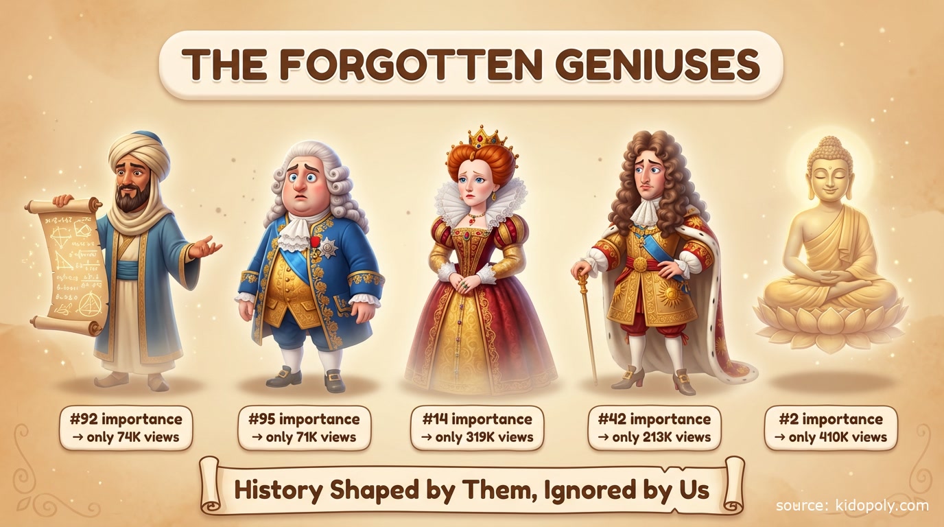 Infographic showing history's most overlooked geniuses - al-Khwarizmi, Louis XVI, Elizabeth I, Louis XIV, and Buddha, all fading from public memory despite their historical importance