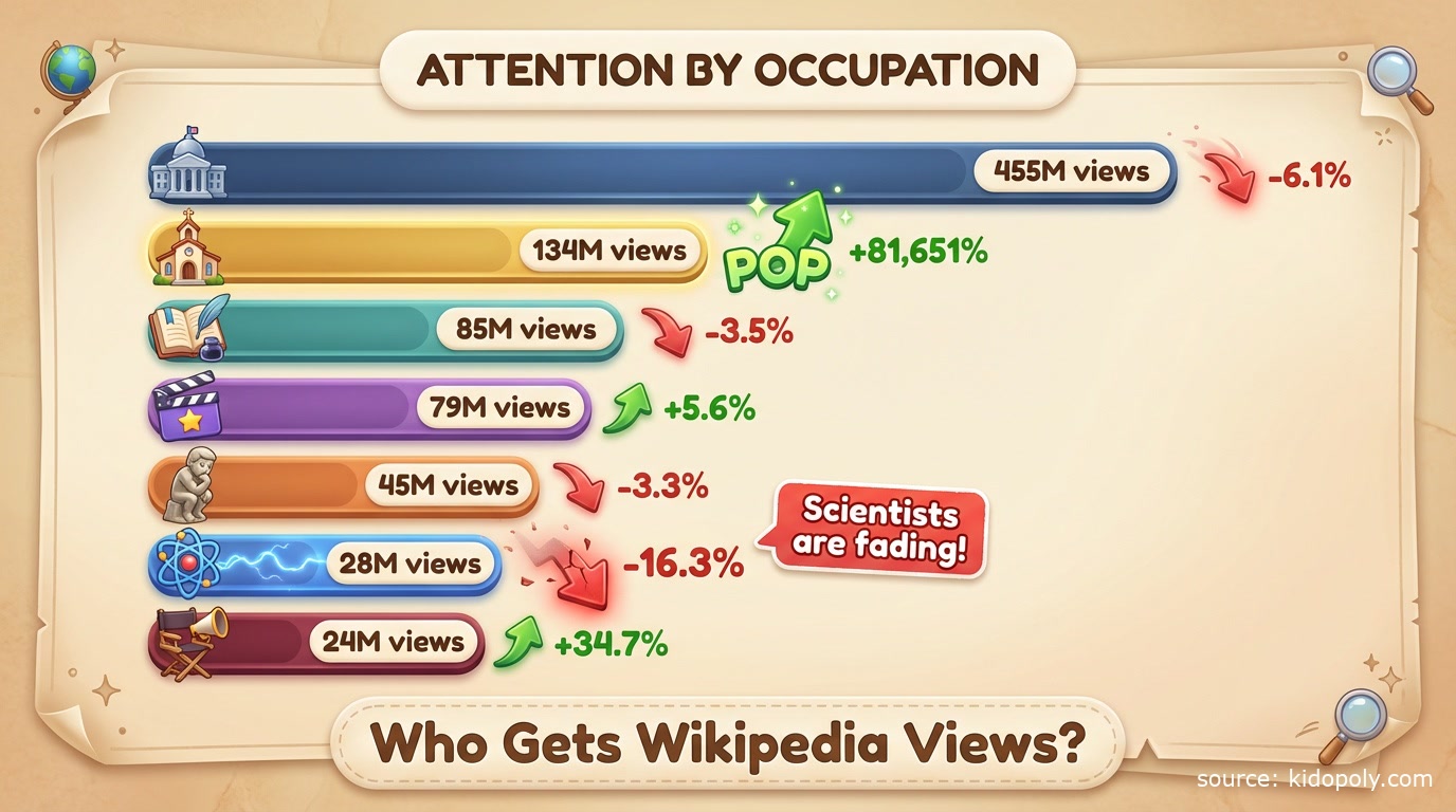 Bar chart infographic showing Wikipedia views by occupation - Politicians lead with 455M, Religious Figures 134M, Writers 85M, with Physicists declining fastest at -16.3%