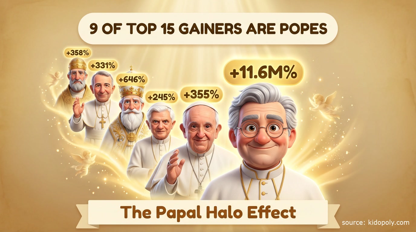 Infographic showing six popes all rising together in 2025 Wikipedia views - Pope Leo XIV, Francis, Benedict XVI, Leo XIII, John Paul I, and Leo I - illustrating the papal halo effect