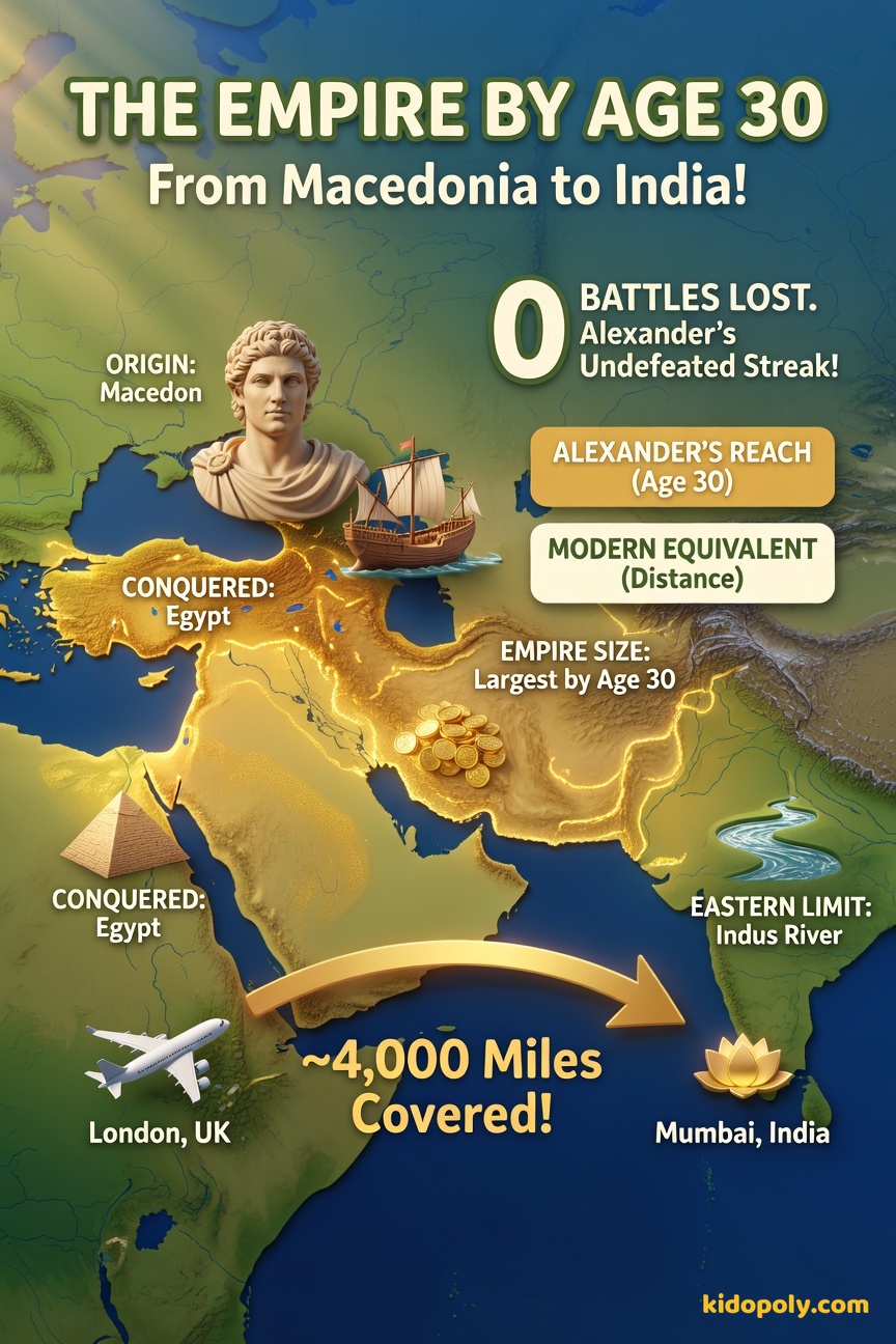 A visual comparison showing a map highlighting the land area from Greece to India, overlaid next to a modern map icon showing the distance from London to Mumbai.