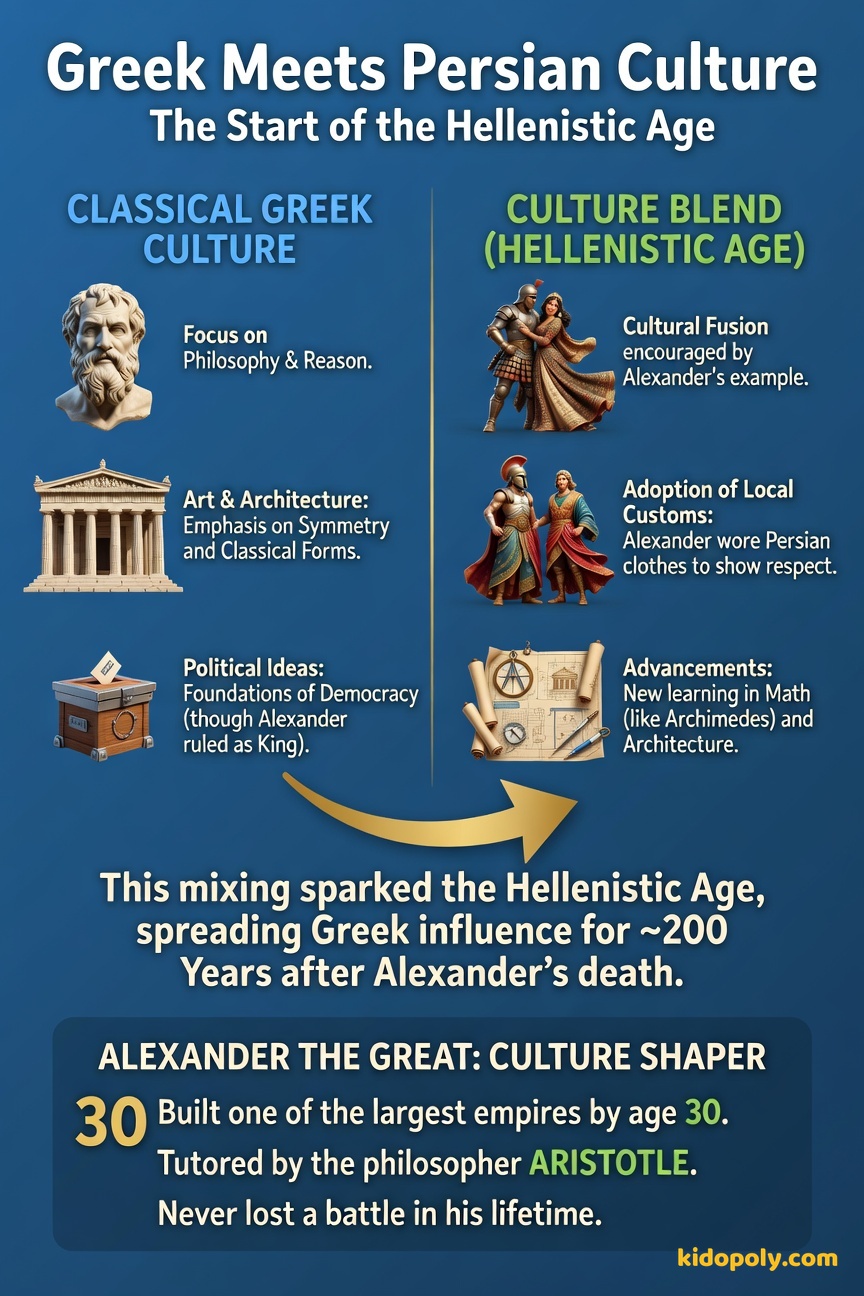 A split image. One side shows Greek columns and scrolls (Greek Culture). The other side shows a blend: a column decorated with Eastern patterns and people in mixed style clothing (Hellenistic Blend).