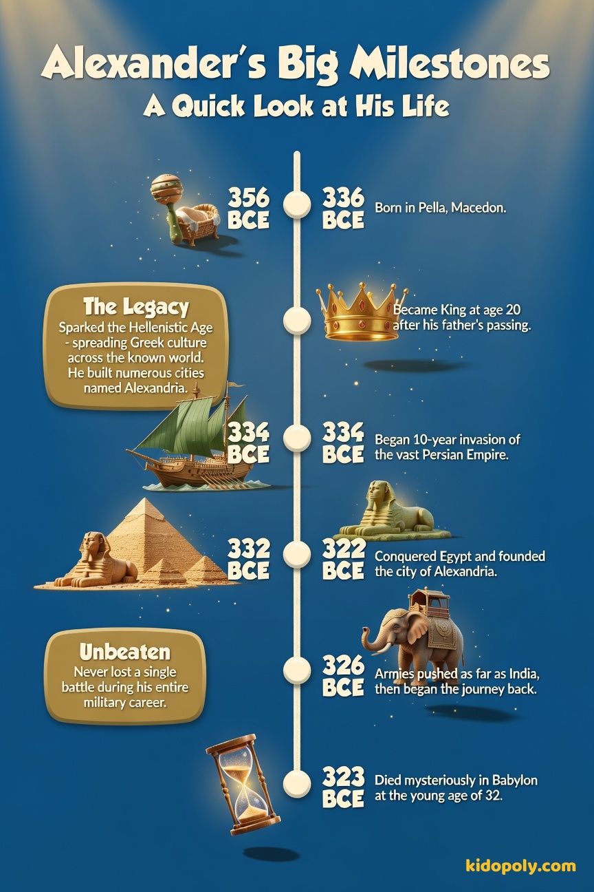 A vertical timeline showing four key dates: 356 BCE (Birth), 336 BCE (Became King), 334 BCE (Invasion Begins), and 323 BCE (Death).