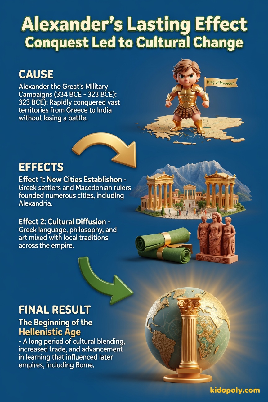 A flow chart showing Alexander's conquests leading to the spread of Greek culture and the resulting Hellenistic Age.