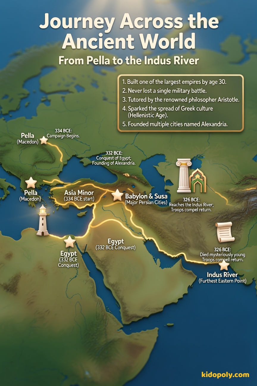 A stylized map of the Mediterranean and Near East, showing a long, winding line representing Alexander's route from Greece, through Egypt, across Persia, and into India.