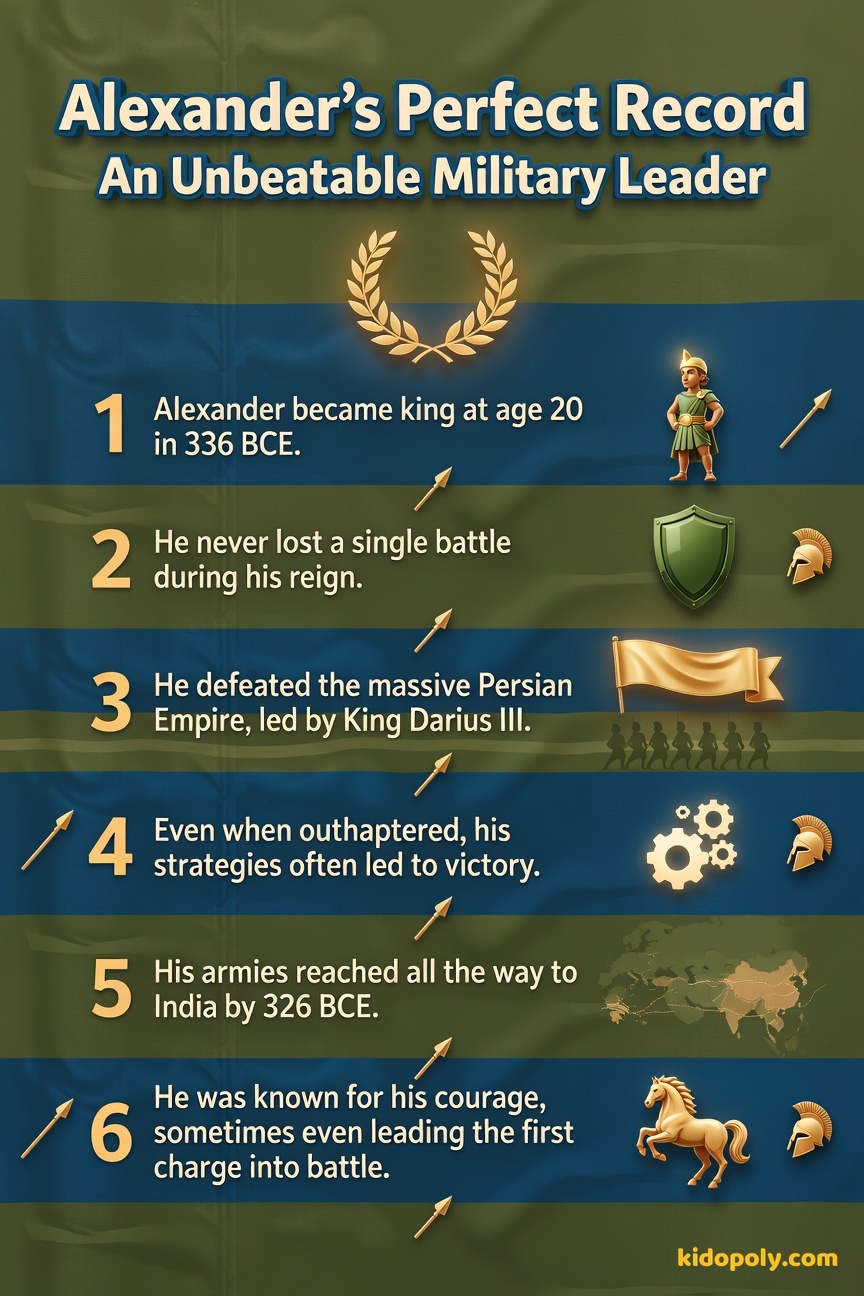 A list of six punchy facts about Alexander's military career, emphasizing his undefeated status.