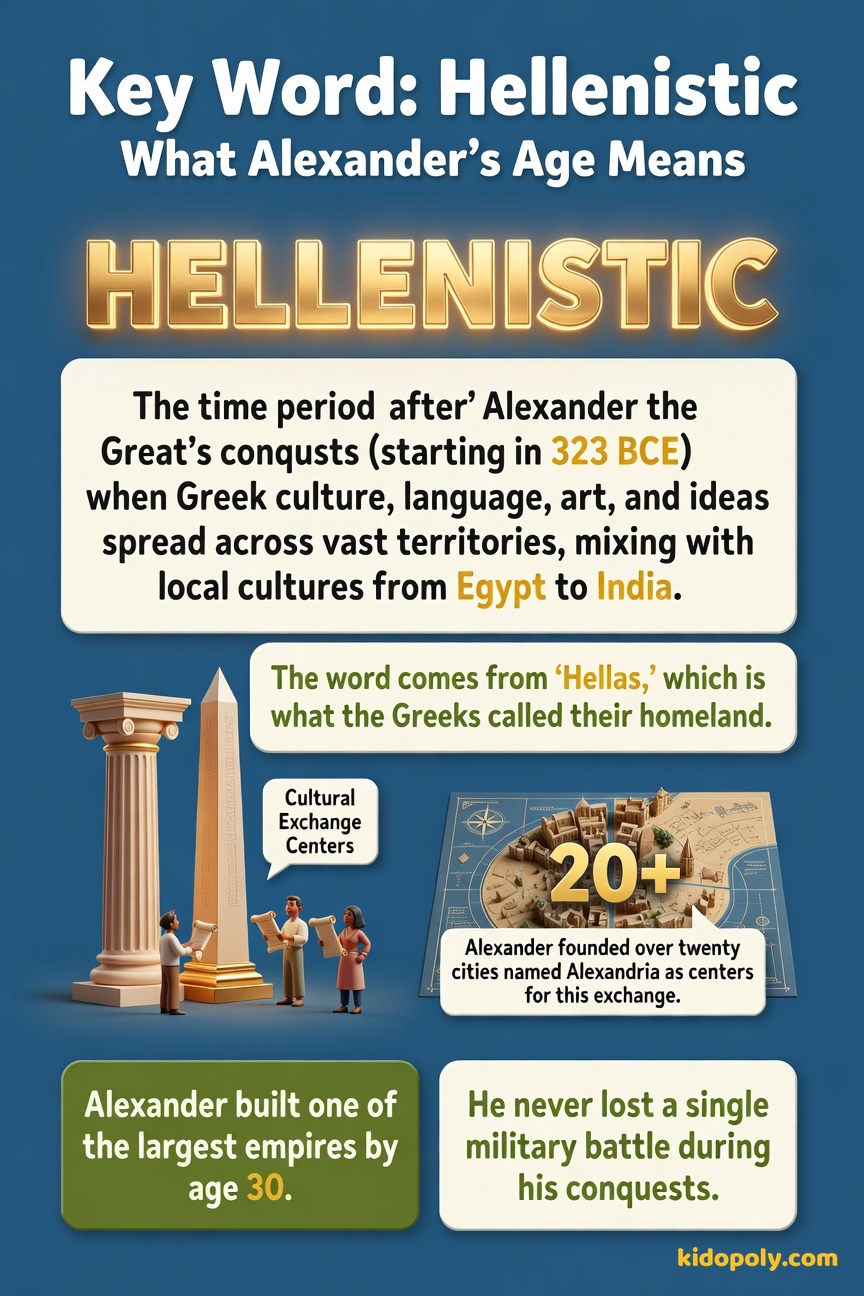 Definition card for the word 'Hellenistic' explaining it relates to the spread of Greek culture after Alexander's conquests.