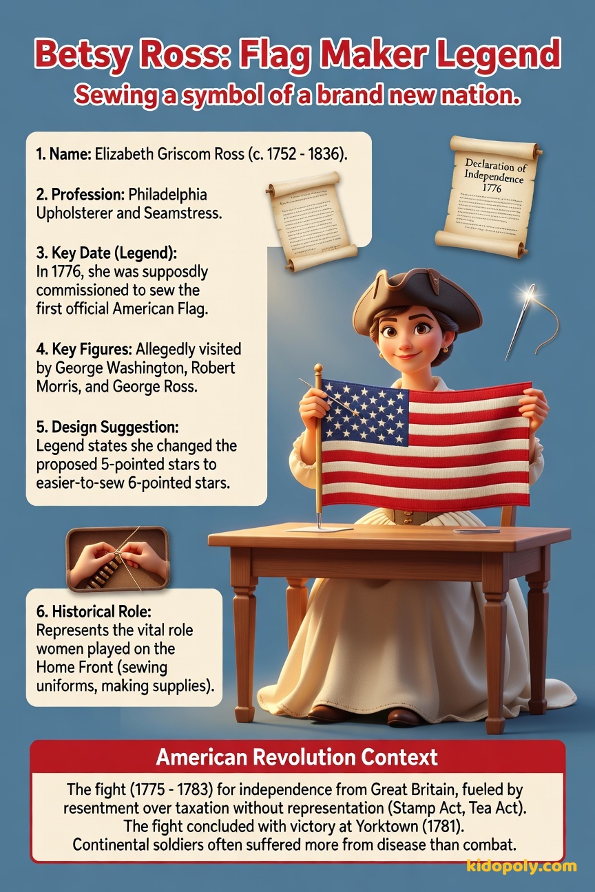 A friendly illustration of a woman sitting at a sewing wheel, holding up a newly sewn American flag design featuring five-pointed stars.