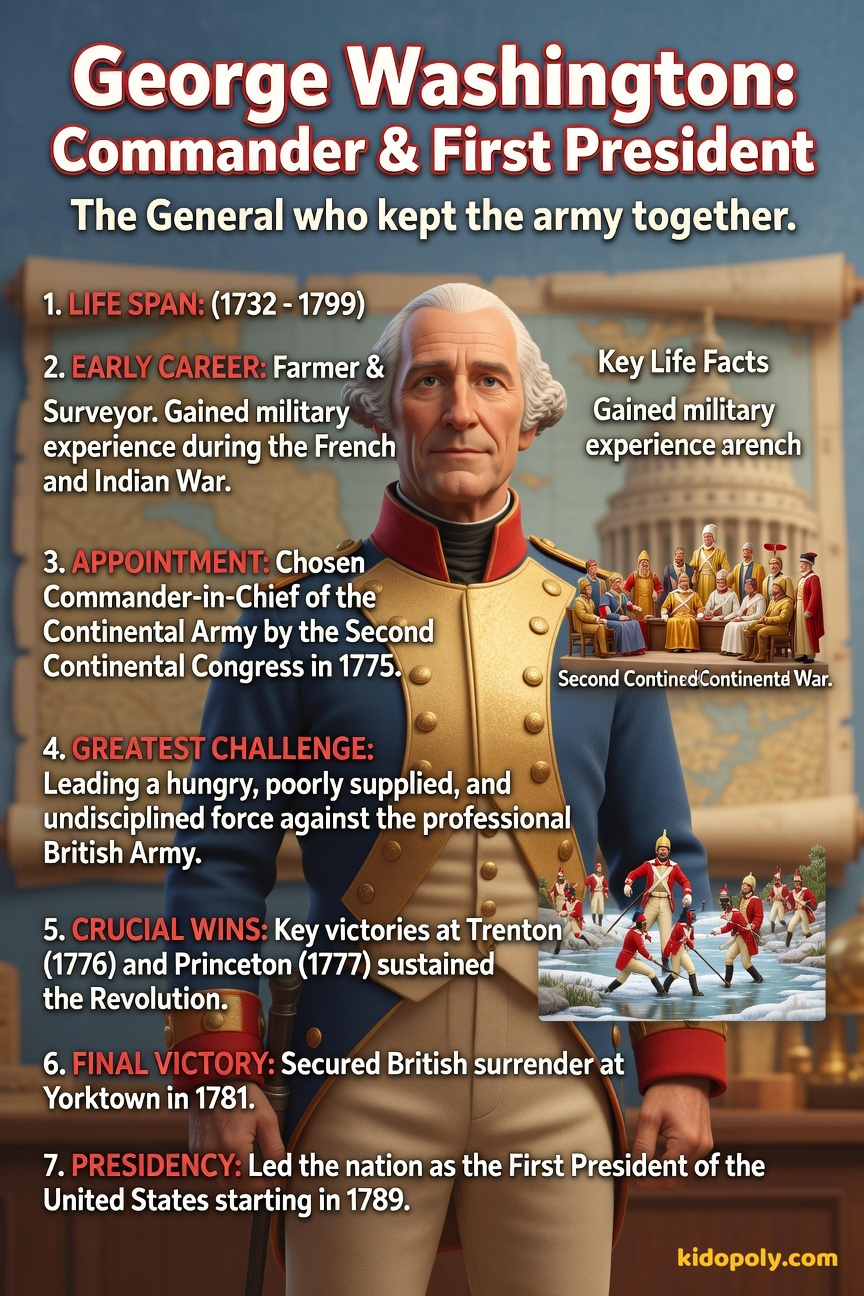 A portrait bust of George Washington in his Continental Army uniform, looking strong and thoughtful, perhaps against a background suggesting both a map and the White House.