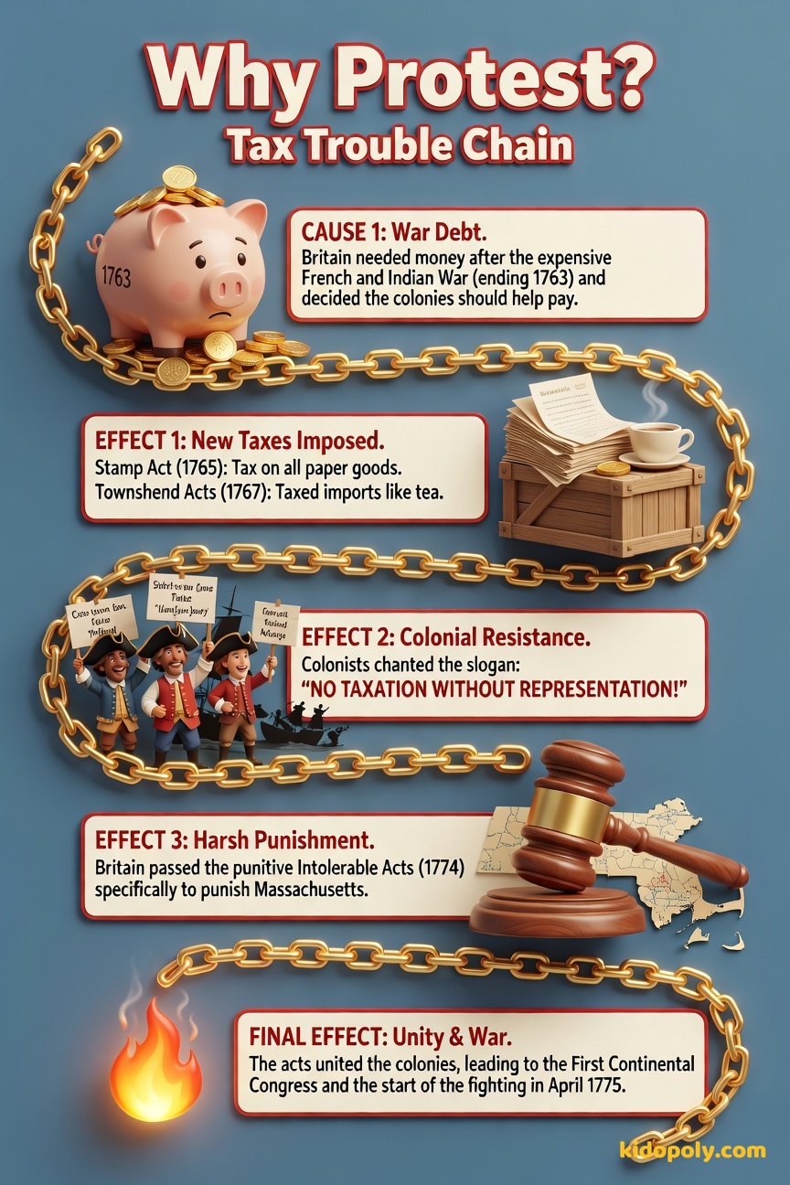 A chain reaction graphic starting with 'French & Indian War Debt' leading to 'New Taxes (Stamp Act, Tea Act)' which leads to 'Colonial Protests' which leads to 'Intolerable Acts' and finally 'The Revolutionary War Begins'.