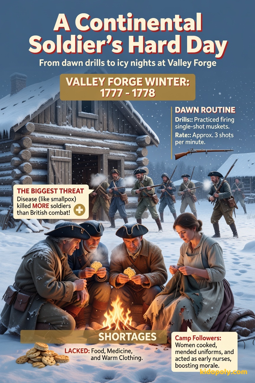 A scene depicting a group of Continental soldiers huddled in simple log cabins during a cold winter, with some men practicing marching drills in the distance.