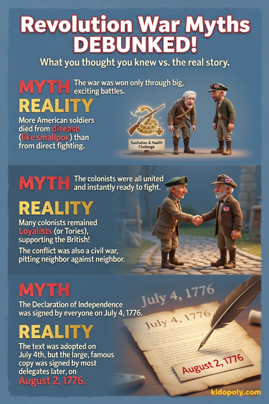 A two-column layout with three pairs of 'Myth' vs 'Reality' statements about the American Revolution, using contrasting colors for emphasis.