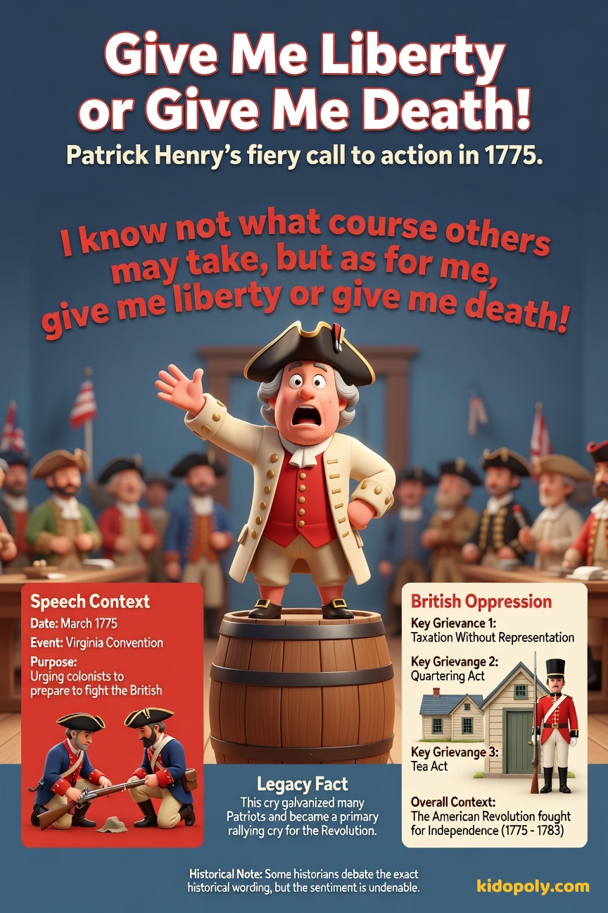 A stylized image of a man standing on a small wooden platform, gesturing passionately, with a speech bubble containing the quote 'Give me liberty or give me death!' in bold text.