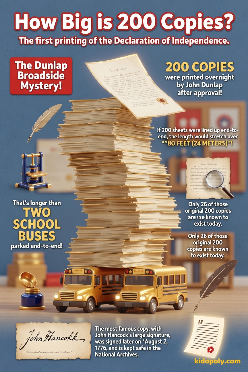 A visual comparison showing the length of 200 sheets of paper laid end-to-end compared to the length of two school buses.