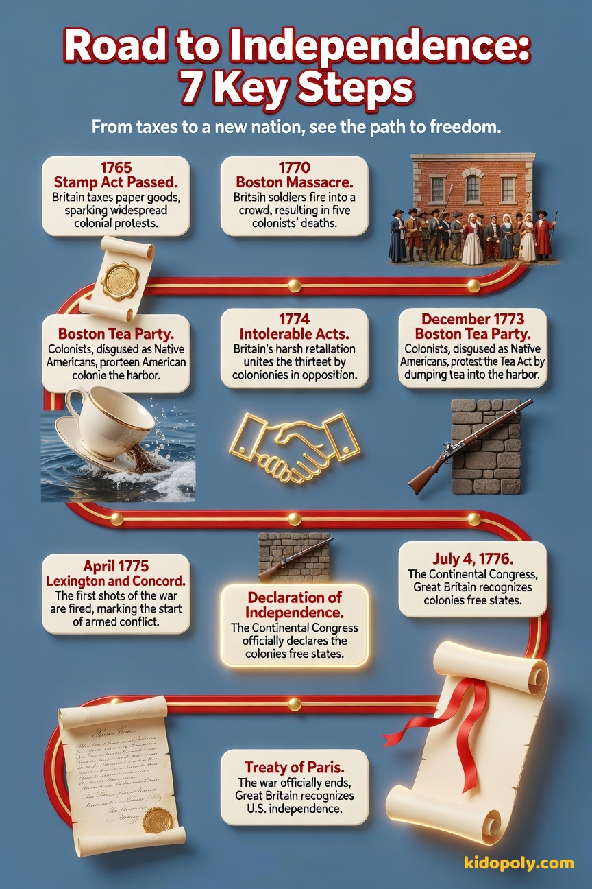 A horizontal timeline graphic showing seven key dates from 1765 to 1783, with small icons representing the Stamp Act, Boston Massacre, Boston Tea Party, First Continental Congress, Lexington/Concord, Declaration of Independence, and the Treaty of Paris.