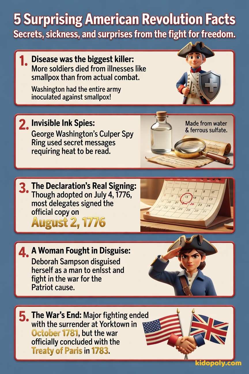 Five numbered facts displayed visually, each with a small, relevant icon: a medical cross, an ink bottle, a calendar icon, a person in a hat, and a treaty scroll.