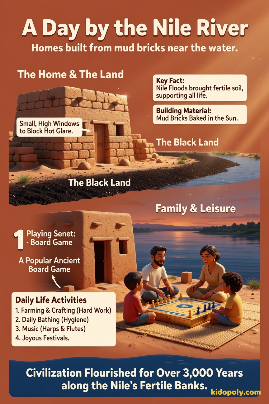 A split scene showing the exterior of a sun-baked mud brick house next to a family enjoying an evening outdoors near the riverbank, playing a board game.