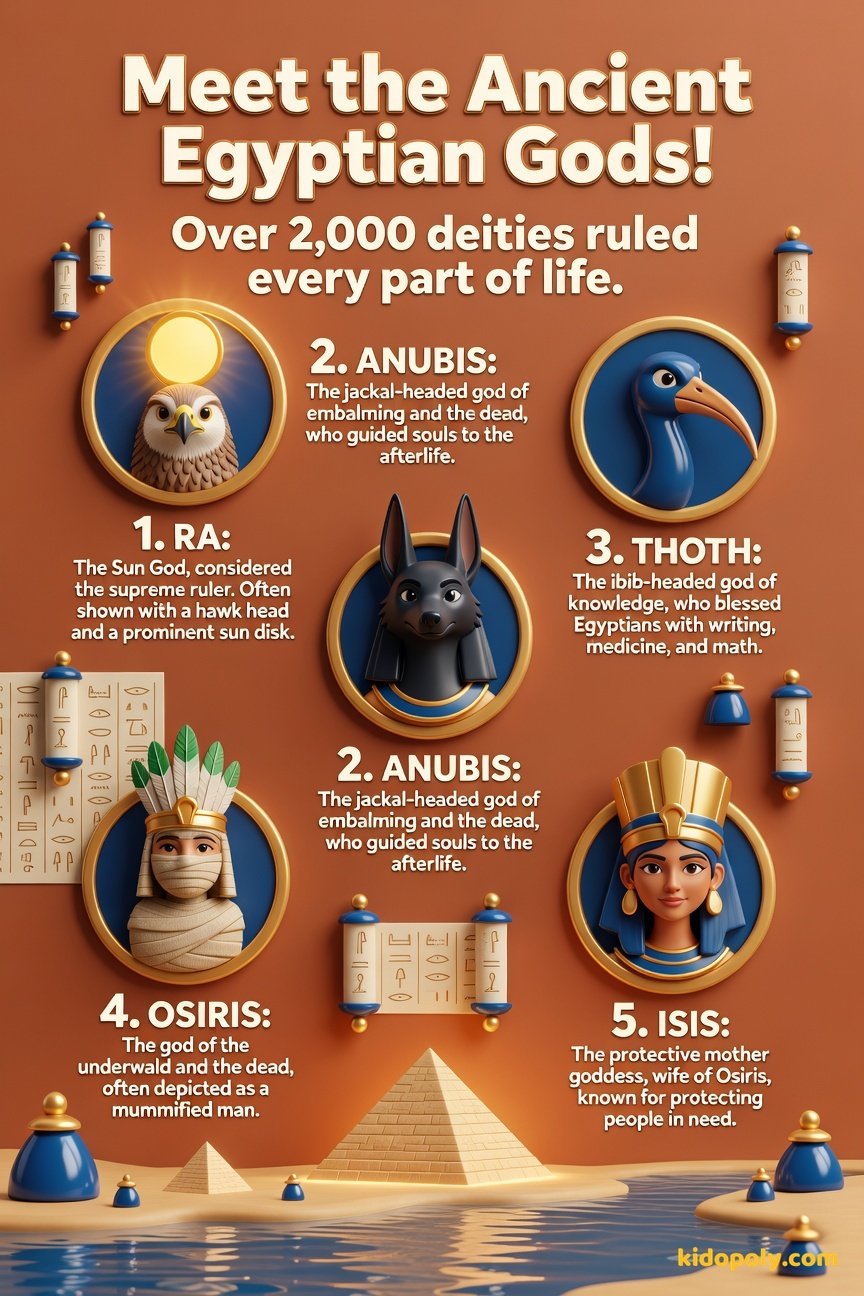 Five icons representing Egyptian gods: Ra (sun disk), Anubis (jackal head), Thoth (ibis head), Osiris (mummy shape), and Isis (throne shape).