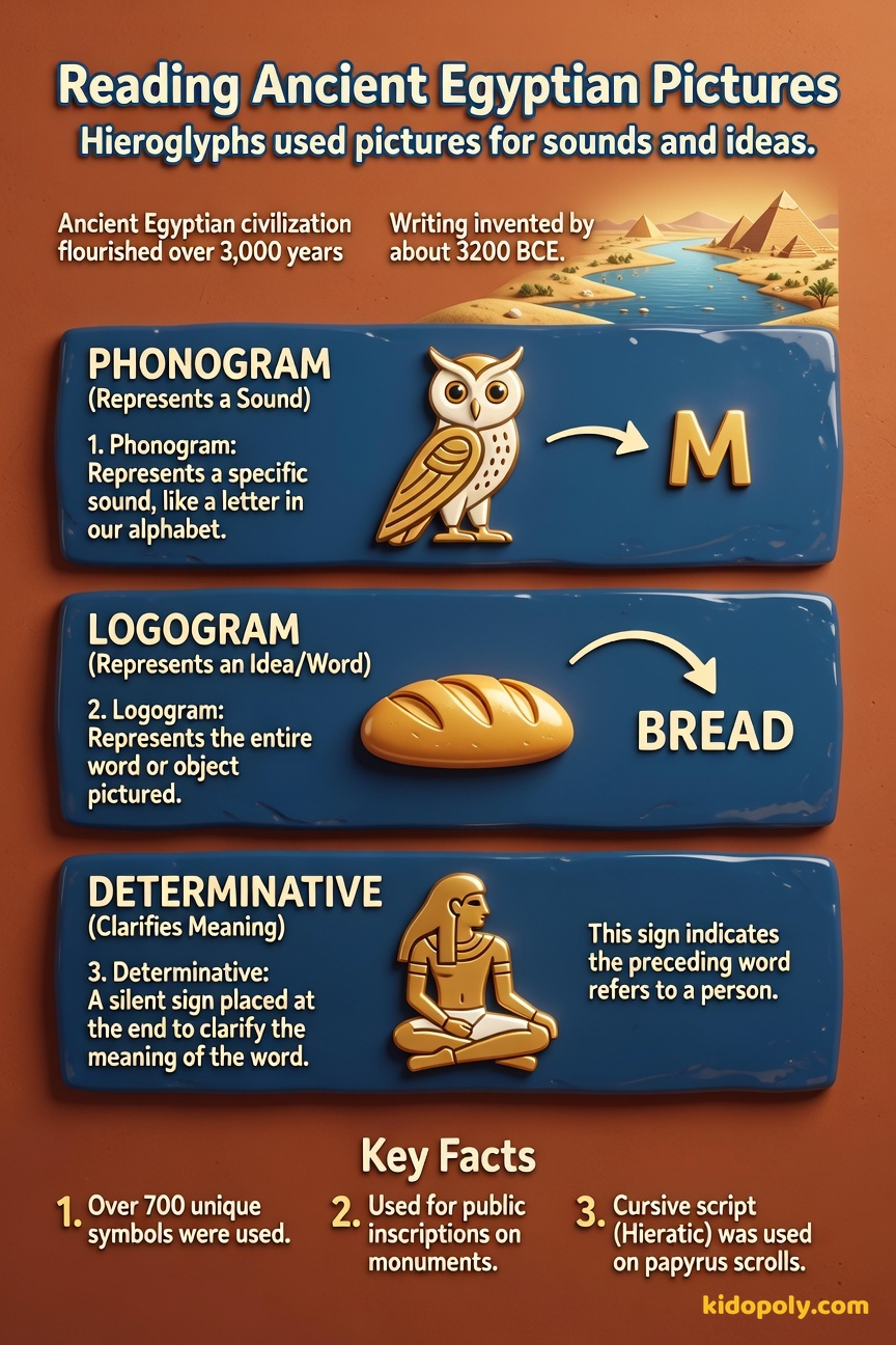 An infographic showing three examples of hieroglyphs and what they represent: a picture of a bee meaning the sound 'B', a picture of an owl meaning the sound 'M', and a picture of a seated man indicating the preceding word is a person's name.