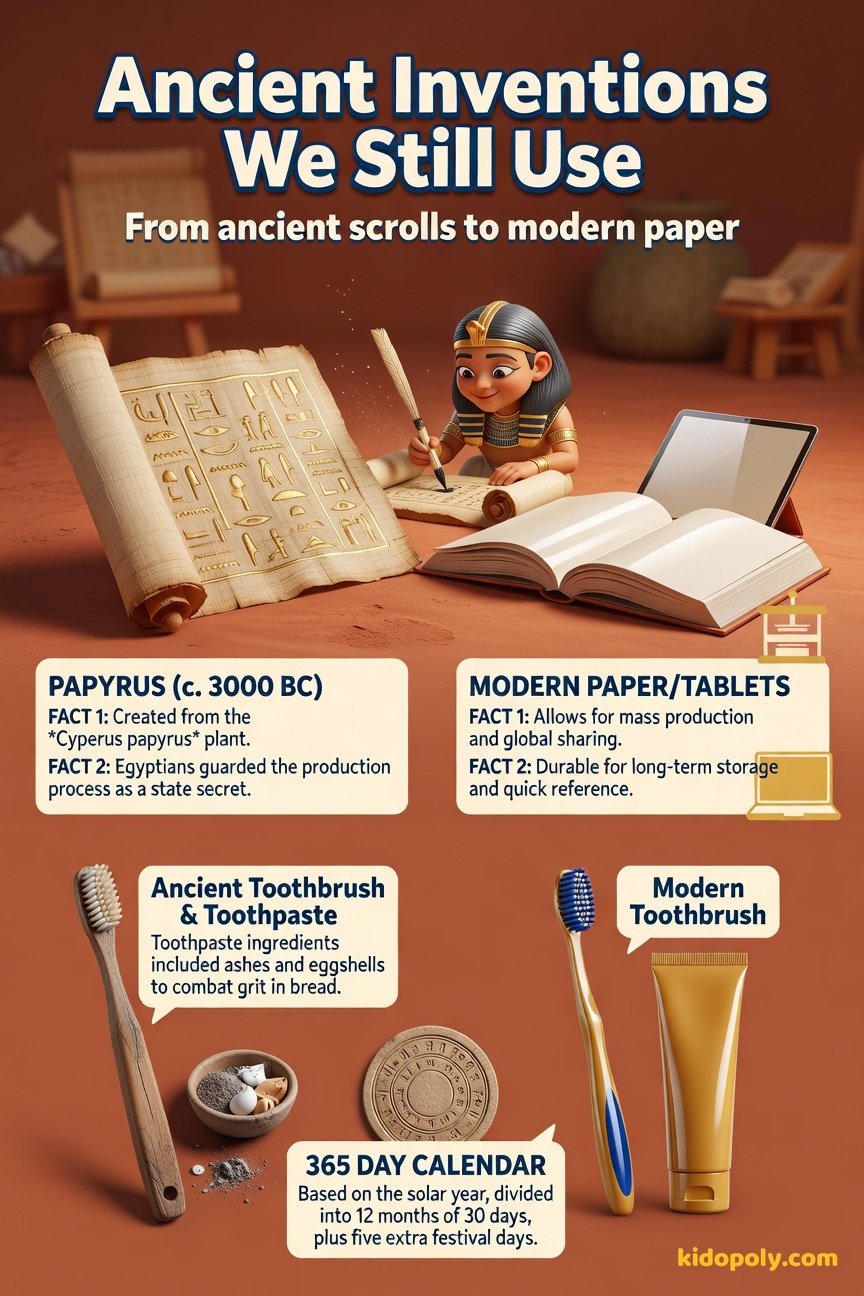 A comparison between an ancient papyrus scroll on one side and a modern textbook on the other. A smaller comparison shows an ancient wooden toothbrush next to a modern toothbrush.
