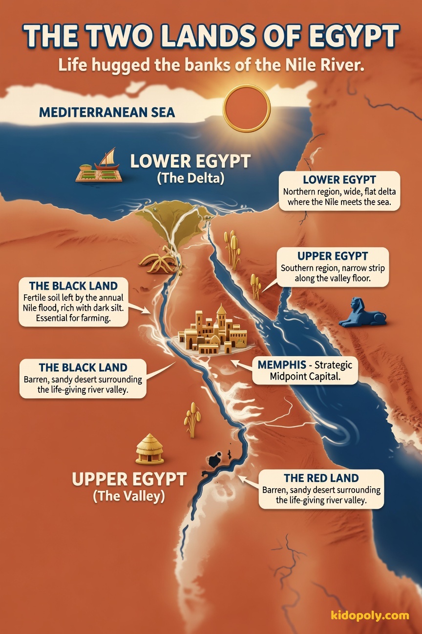 A simple map of the Nile River flowing north, showing the narrow fertile 'Black Land' strip surrounded by desert 'Red Land,' with the Mediterranean Sea at the top (North).