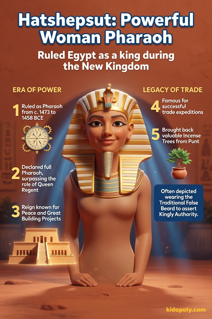 Portrait of the Pharaoh Hatshepsut, depicted wearing the traditional pharaoh's headdress and a symbolic false beard, looking determined.