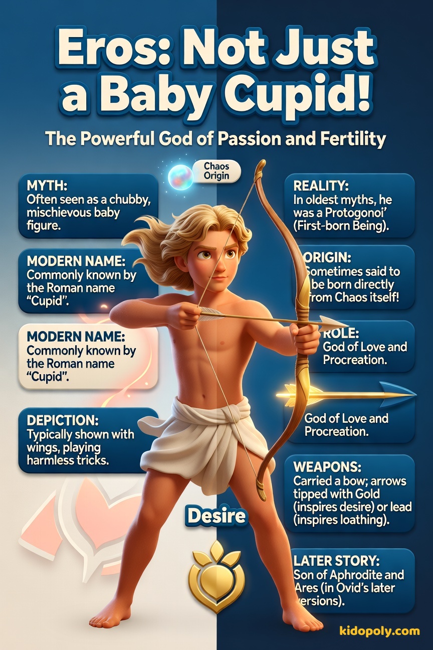 A comparison visual showing a small, chubby, cartoon baby with wings labeled 'Modern Cupid' on the left, and on the right, a vibrant, athletic, handsome young man with a bow and a quiver labeled 'Ancient Greek Eros'.