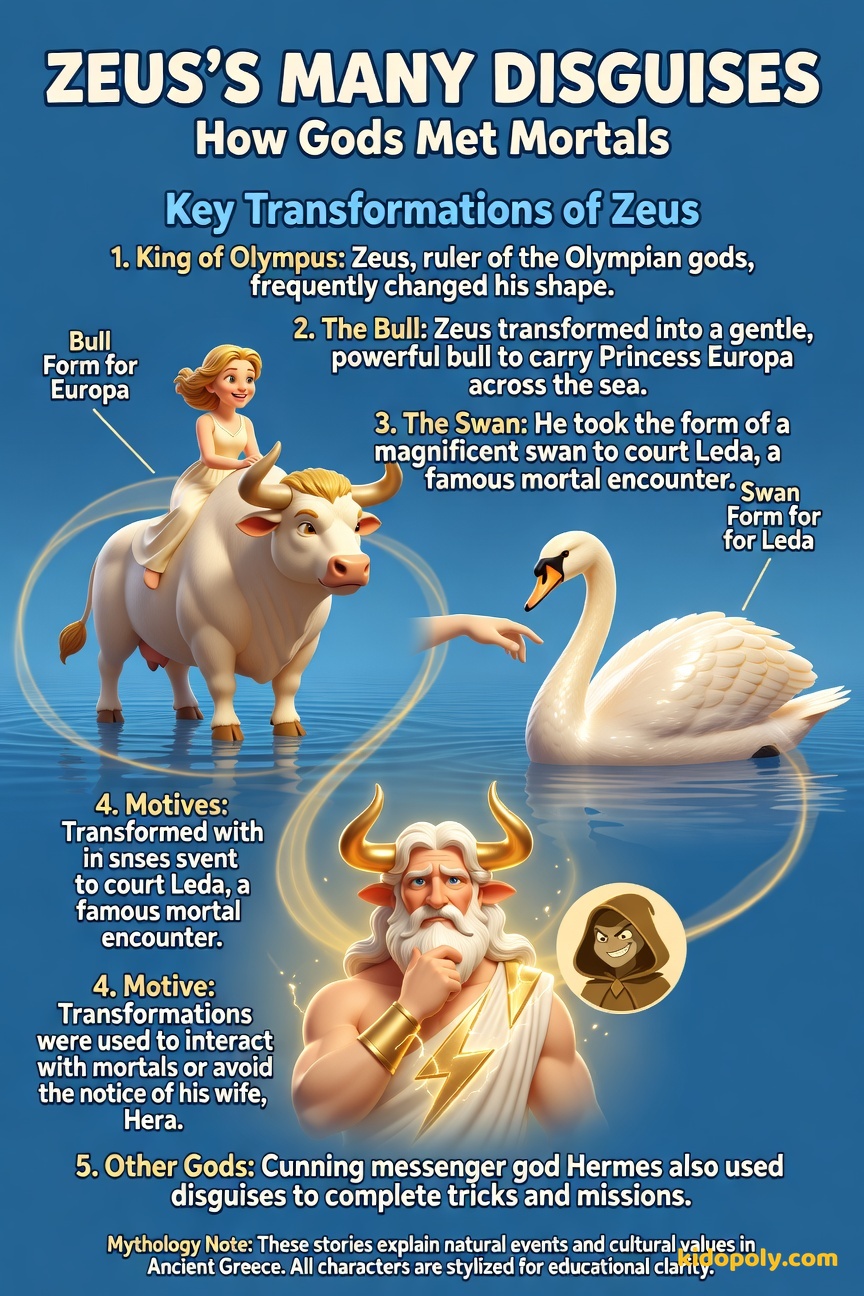 A whimsical illustration showing three different, friendly-looking cartoon versions of Zeus: one as a majestic, slightly shy bull, one as a white swan swimming, and one in his normal kingly form.