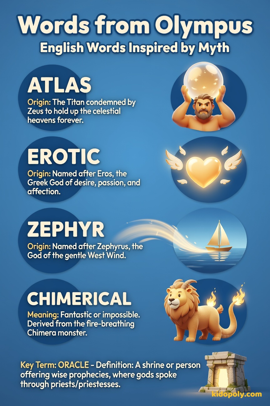 A visual collage of four distinct icons: a strong cartoon Titan holding a blue sky dome (Atlas), a gentle, light breeze curling around a flower (Zephyr), a slightly unbelievable, cartoon-style mythical creature (Chimera), and a scroll/tablet on a pedestal (Oracle).