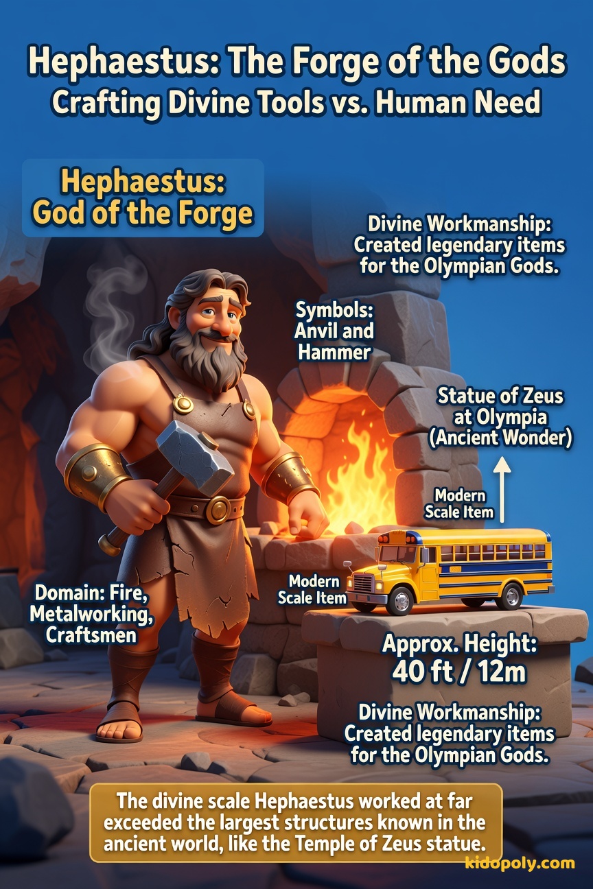 A friendly, muscular Hephaestus with a soot-smudged face standing next to a massive, glowing anvil and hammer, with a tiny, modern school bus drawn next to him for scale comparison to a 40-foot statue base.
