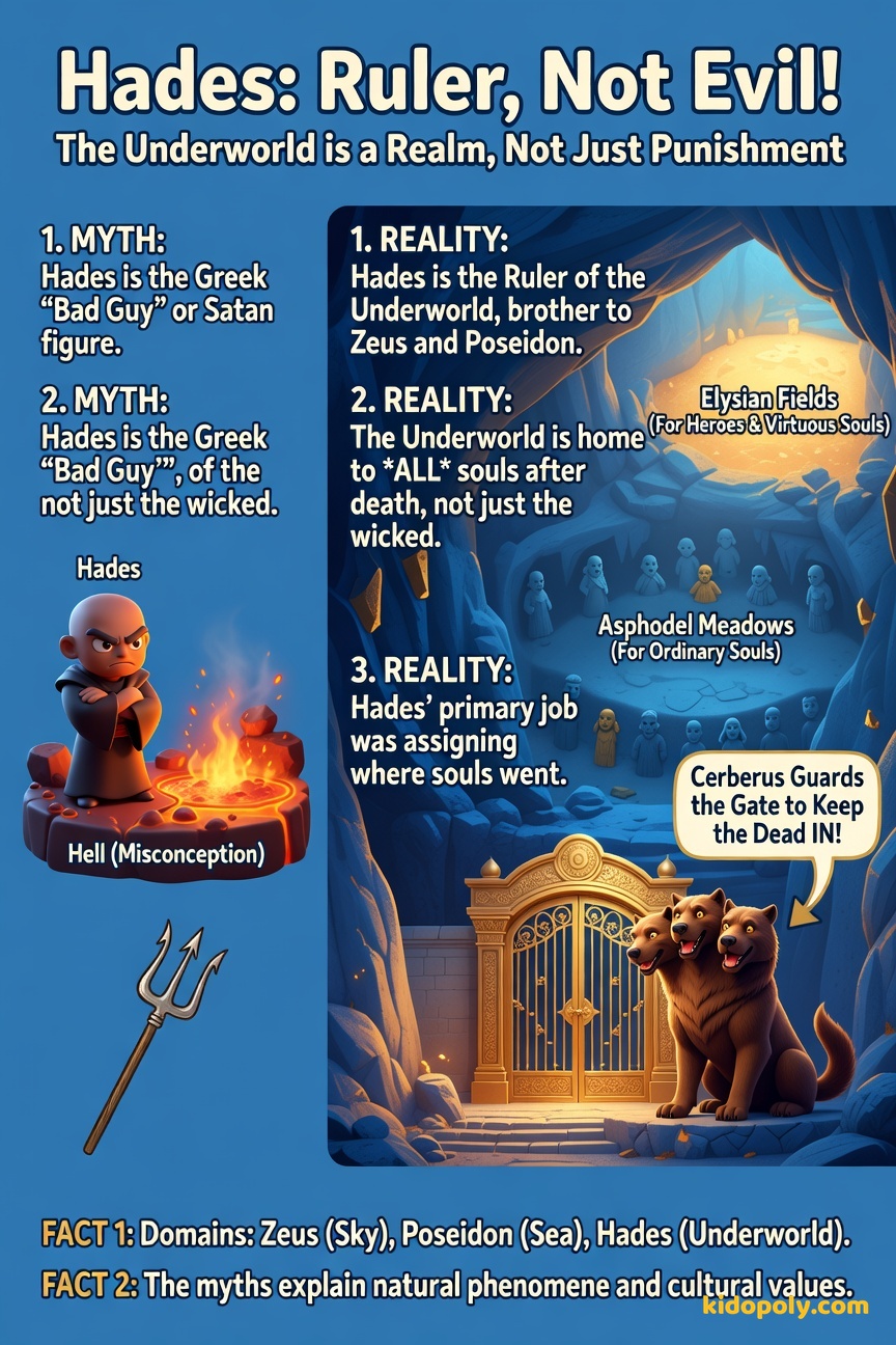 A clear comparison visual: one side labeled 'Misconception' shows a small, scary, fire-filled pit labeled 'Hell'; the other side labeled 'Myth Reality' shows a large, complex, dimly lit, but orderly realm with separate, labeled peaceful and shadowy sections.
