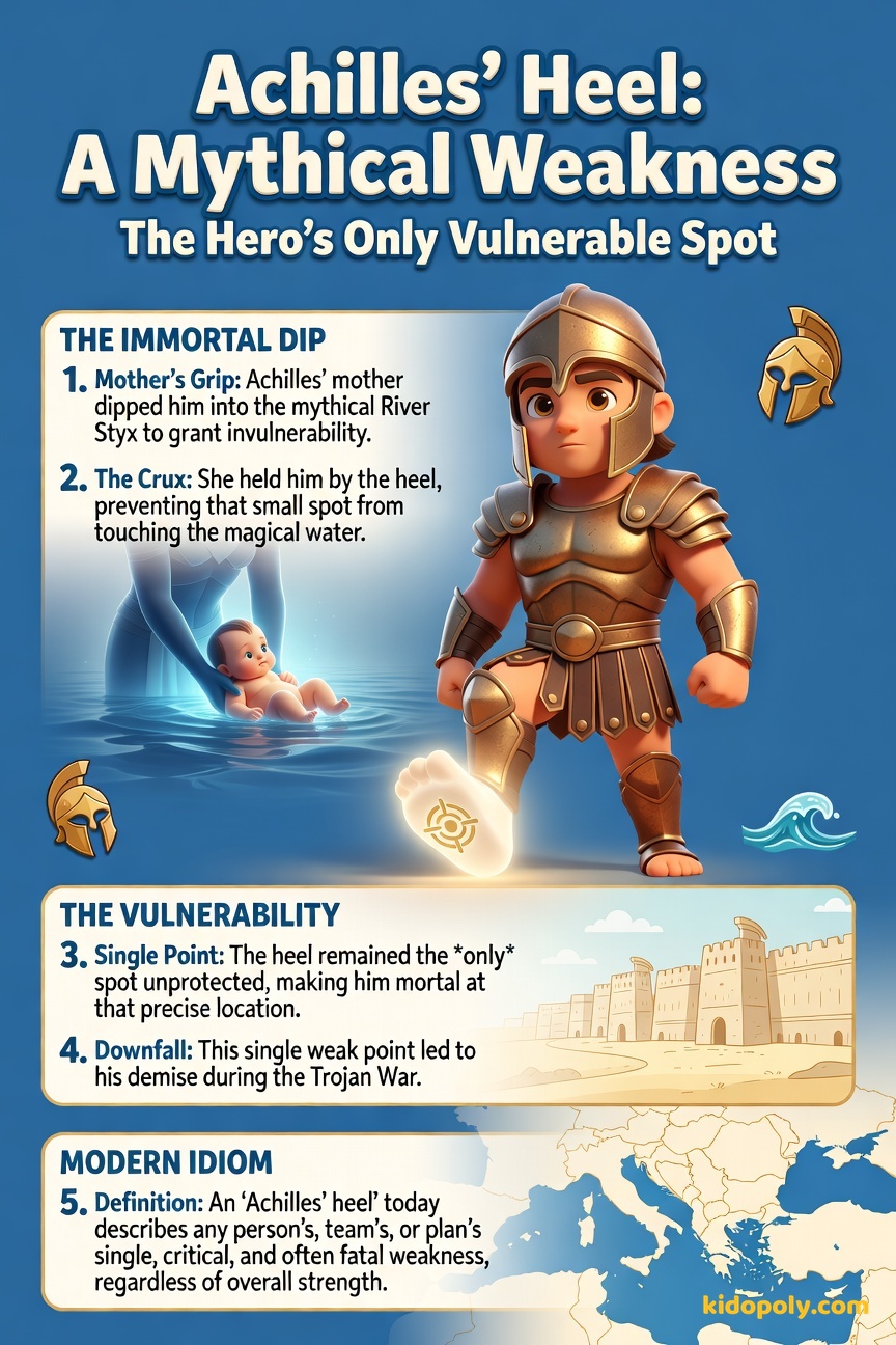 A cartoon depiction of the hero Achilles, looking strong and invulnerable, with a single, very small, brightly colored bandage or target symbol placed clearly on his ankle/heel.