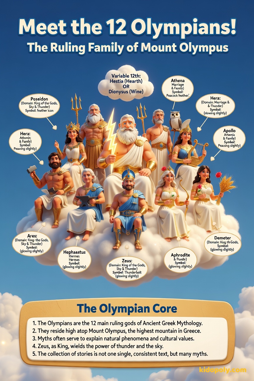 An illustration showcasing twelve friendly, cartoon-style Greek gods arranged in a semi-circle, each with a small icon representing their domain.