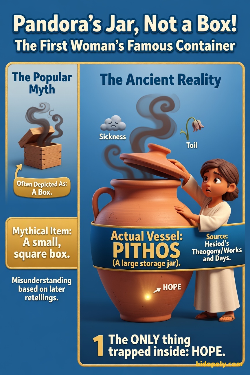 A curious, friendly young woman named Pandora looking slightly worriedly at a huge, round ancient Greek ceramic storage jar whose lid has just popped open, with shadowy, wispy 'evils' flying out while a single, bright gold speck labeled 'Hope' remains inside.