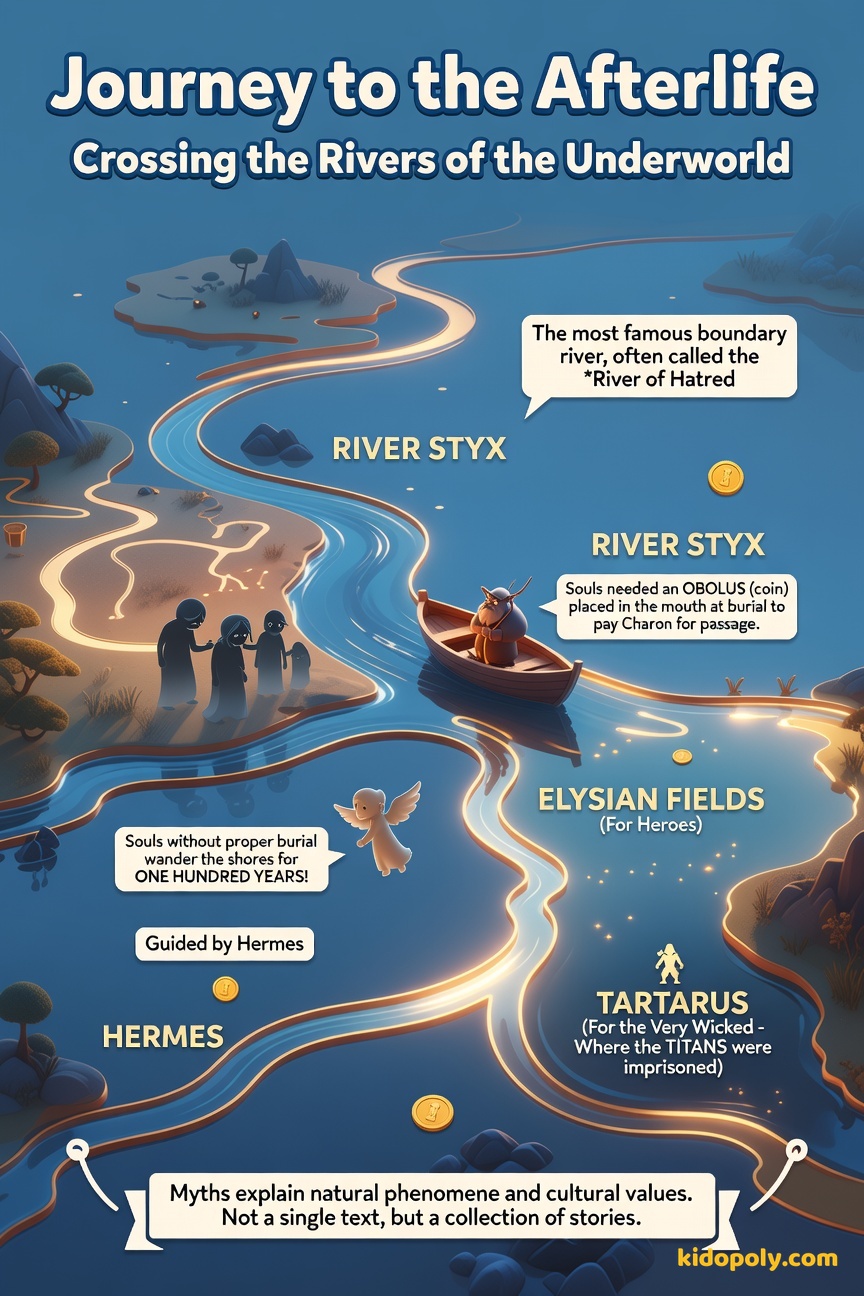 A stylized, top-down map illustrating a dark, subterranean river system flowing through different mythological zones. The main river is labeled 'Styx' and features a small boat with a skeletal-looking but friendly ferryman.