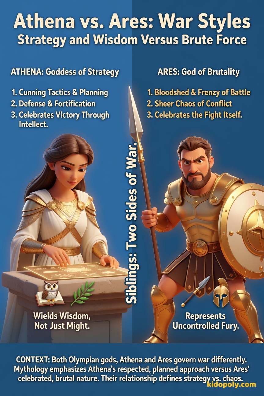 A side-by-side comparison of the goddess Athena and the god Ares. Athena is depicted calmly studying a map, while Ares is shown energetically shouting while holding a shield and spear.
