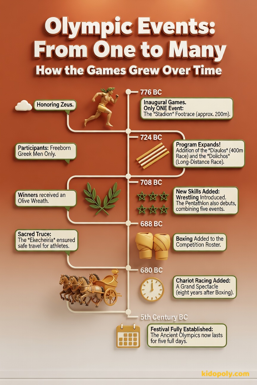 A timeline graphic showing key dates and small icons: 776 BC (a running shoe), 724 BC (two runners), 708 BC (wrestling figures), 688 BC (boxing gloves/straps).