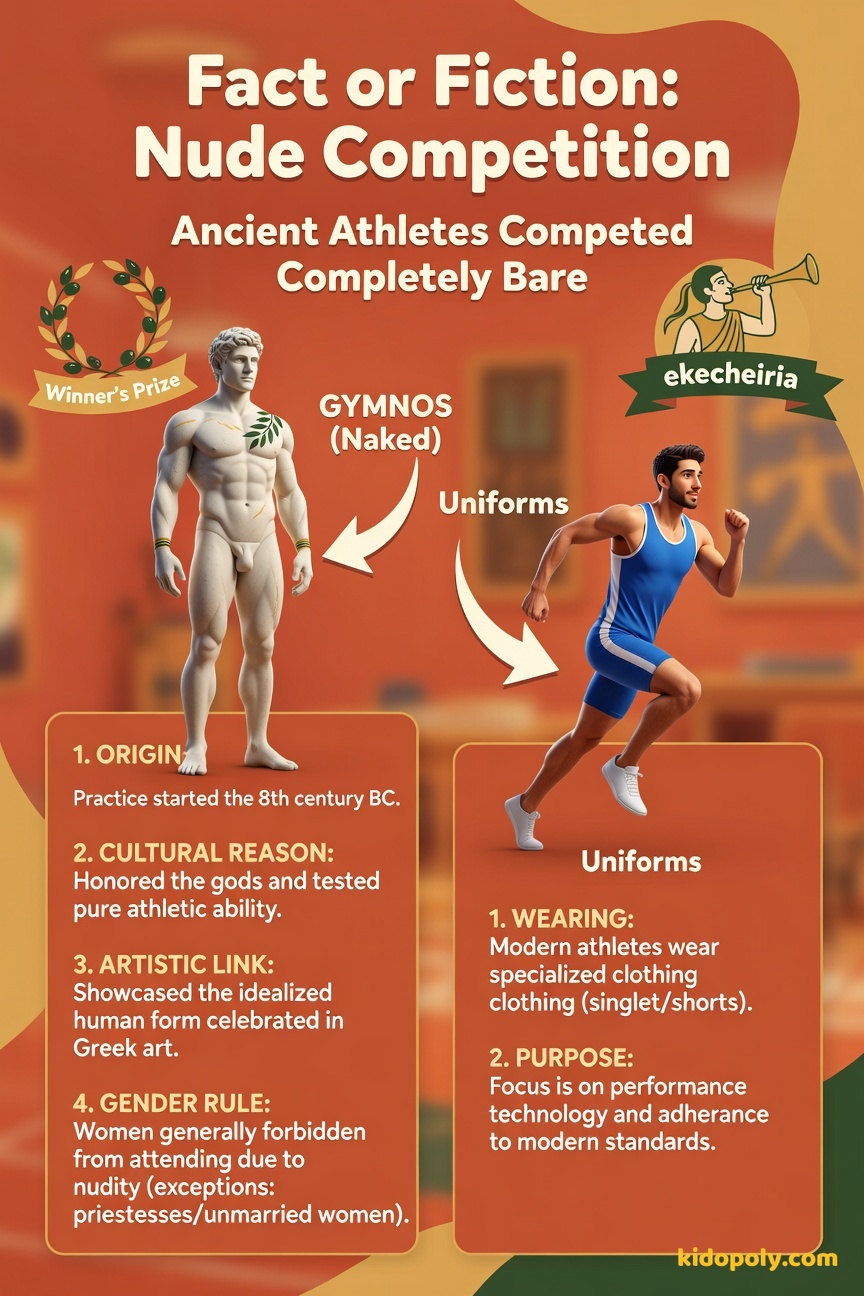 A friendly, cartoon illustration of a stylized ancient Greek athlete standing proudly and completely nude (but presented in a non-sexual, artistic/sculptural manner) next to a modern, clothed runner.