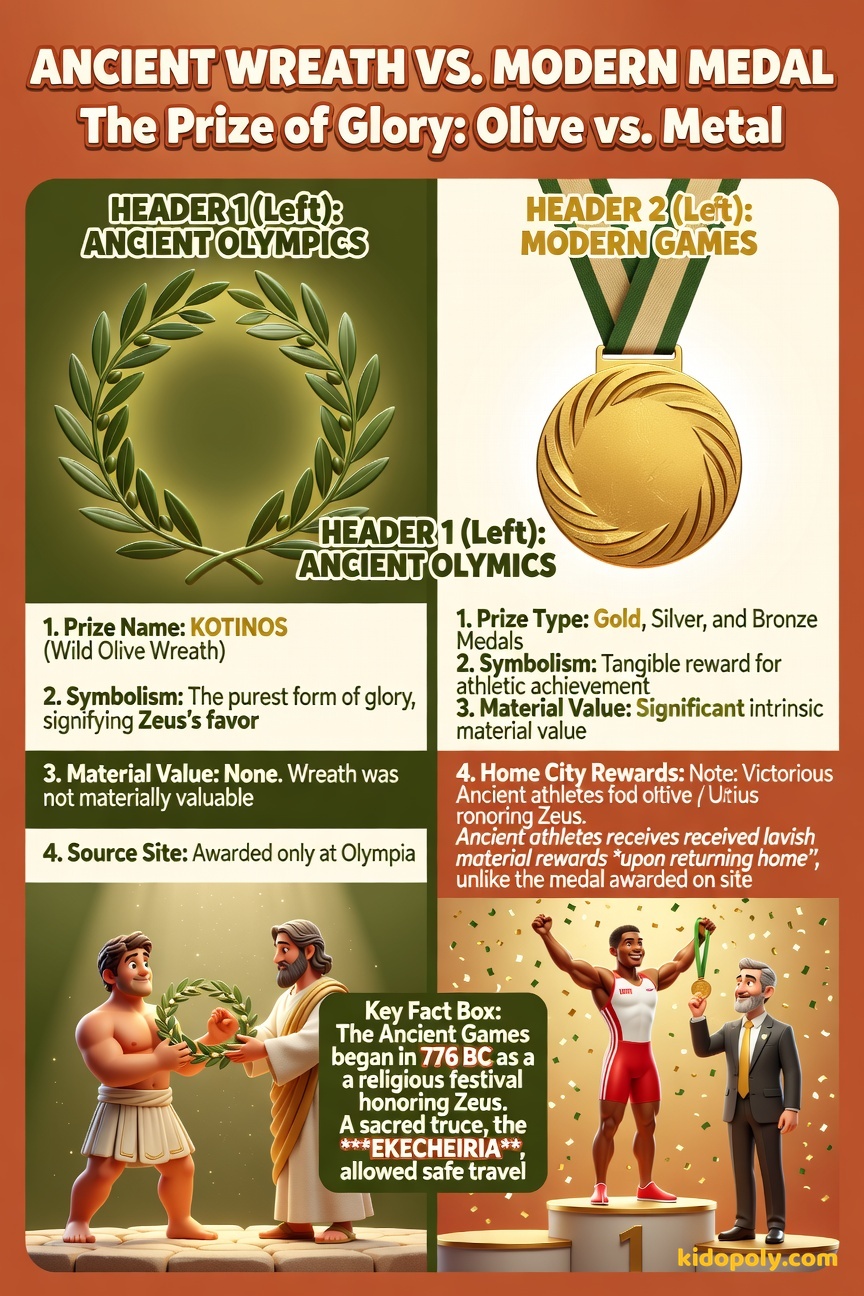 A side-by-side comparison showing a stylized ancient olive wreath on one side and a modern Olympic gold medal on the other, separated by a vertical line.