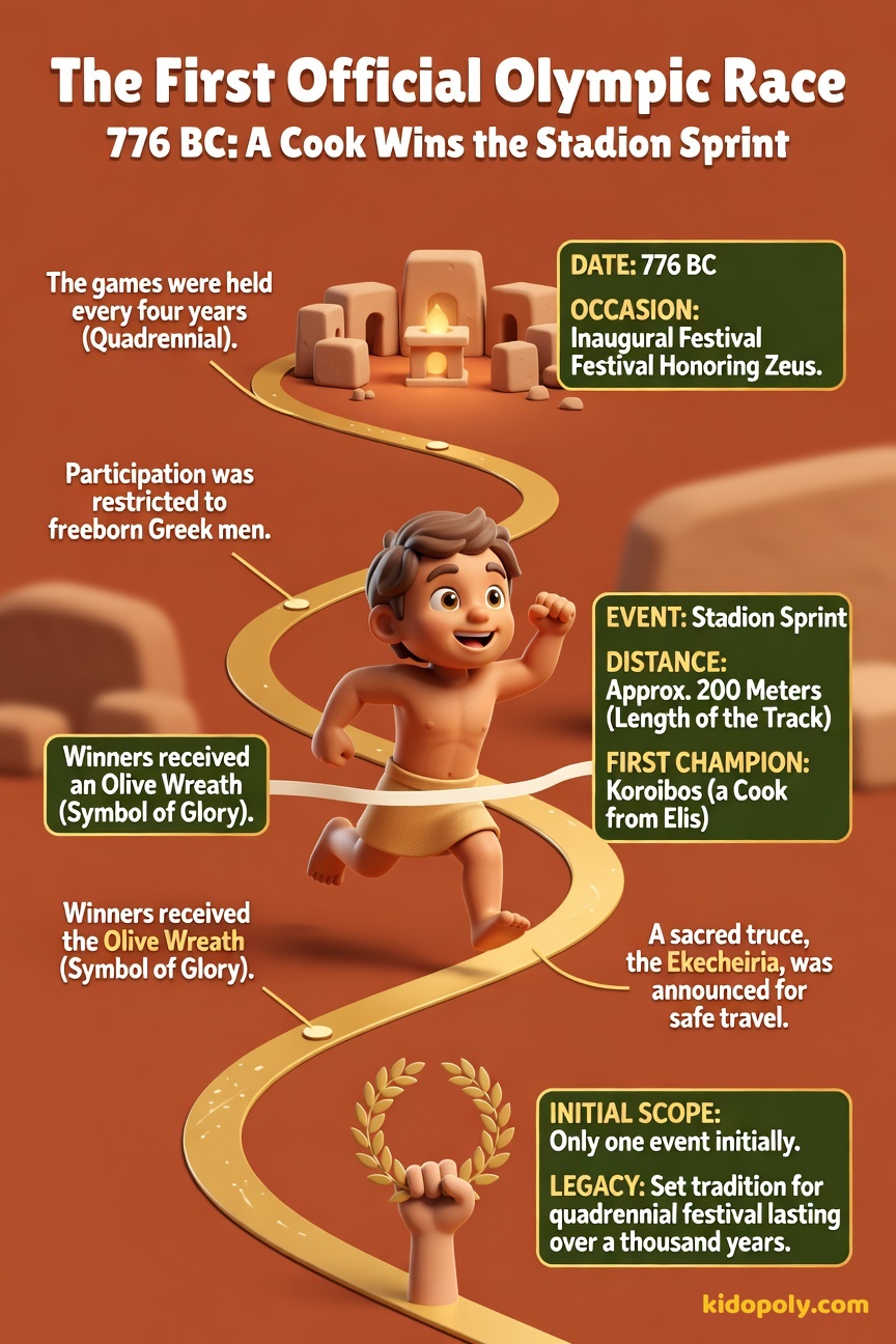 A simple illustration showing the starting line of an ancient track with one athlete sprinting towards a finish line marked by a small stone marker.