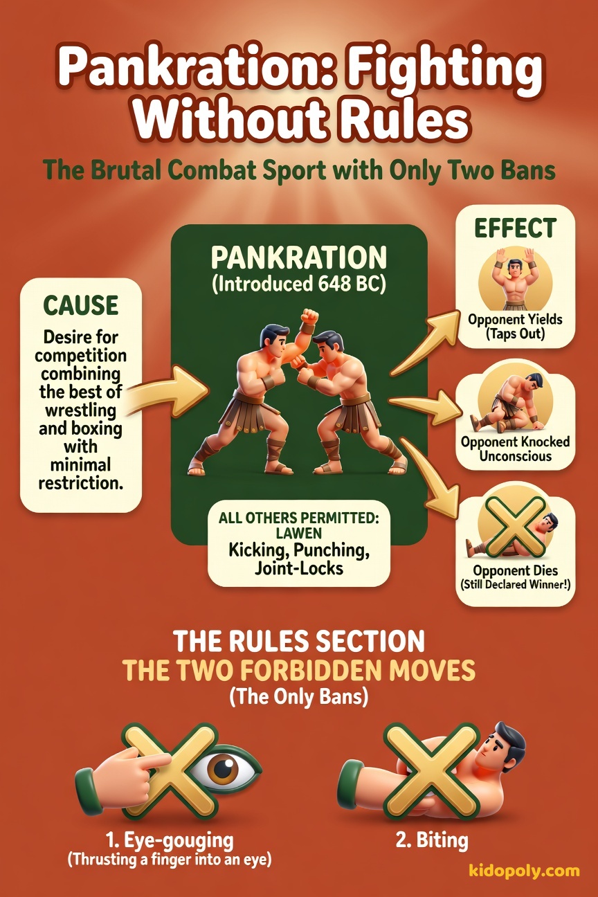 A flow chart showing: Desire for Ultimate Combat -> Pankration Event -> Allowed: Kicking, Punching, Joint-Locks -> Banned: Biting & Eye-Gouging -> Result: Victory by Submission/Knockout.