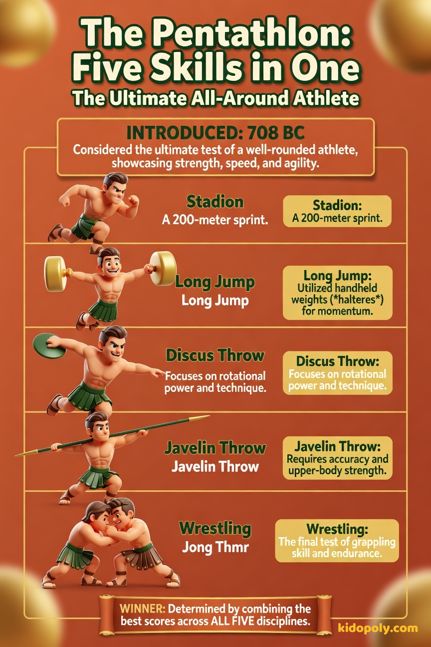 An infographic showing five icons representing the five Pentathlon events: a running figure, a figure mid-jump with weights, a discus, a javelin, and two wrestling figures.