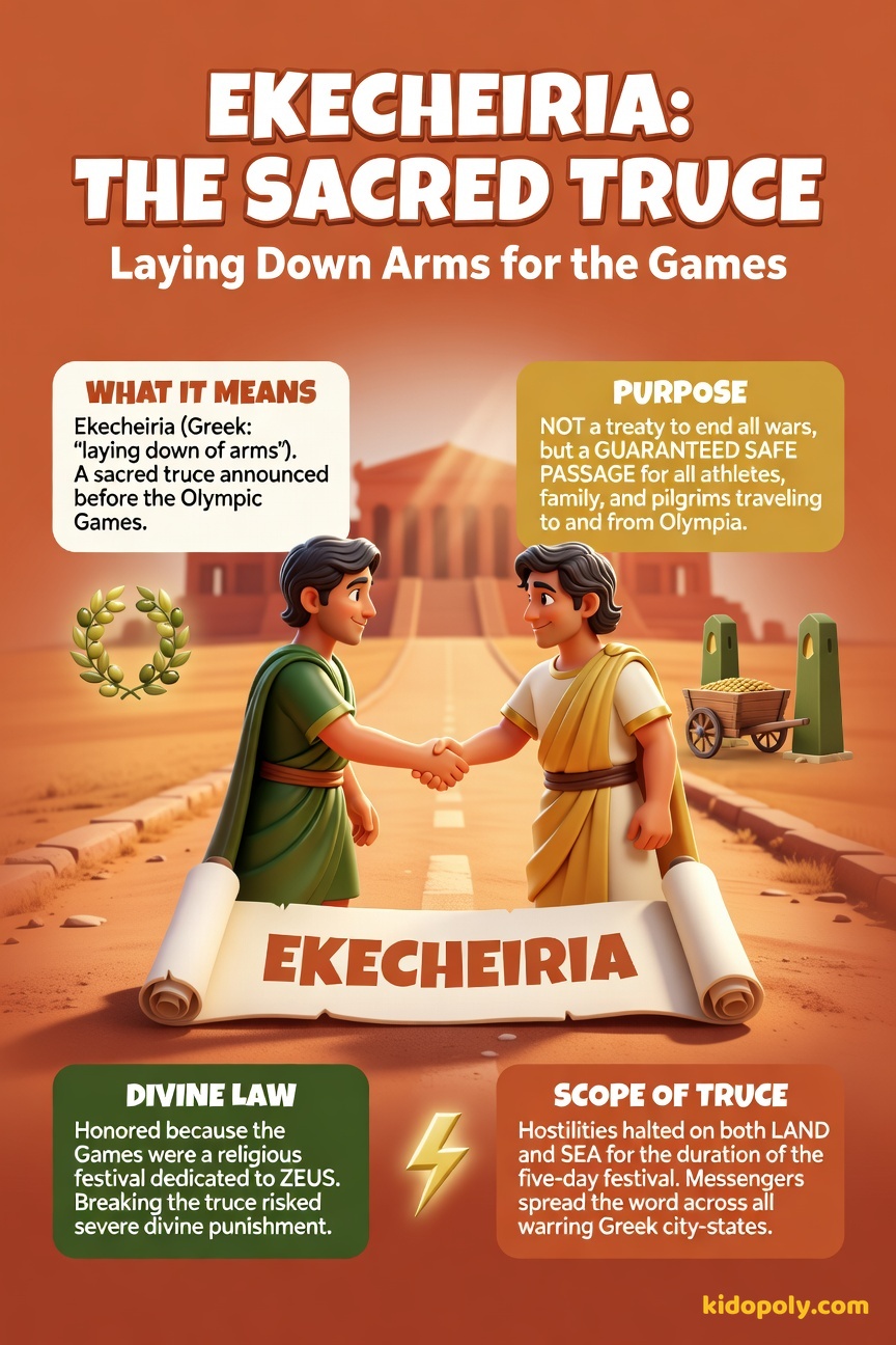 Two stylized, friendly Greek soldiers from different armies shaking hands over a small banner that reads 'Ekecheiria' (truce), while in the background a path leads towards a temple.