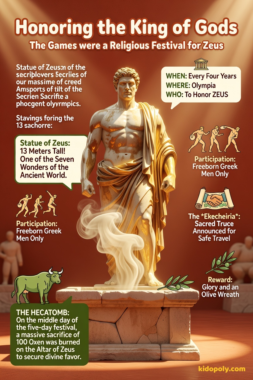 A stylized, awe-inspiring representation of the massive gold and ivory Statue of Zeus towering over a small, friendly altar where a tiny wisp of celebratory smoke rises.